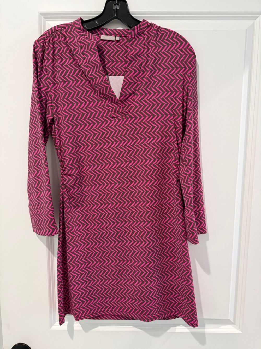 Pink Geometric Midi Dress with V-Notch
